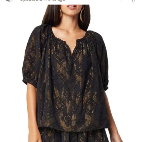 NWT Roller Rabbit Allianne V-Neck Short Puff Sleeve Gold Lurex Print Top Size S - Picture 1 of 7